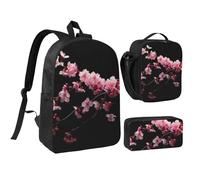 DUWAA Japanese Cherry Flowers print Backpack 3pcs Set Including 17 Inch Large BookBag With Lunch Bag And Practical Pen Bag, Black, One Size