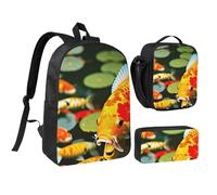 DUWAA Japanese Pretty Koi Fish print Backpack Set Casual Shoulder Bag Lunch Bag Pen Pouch 3 in 1 Set 17inch for Women Men College, Black, One Size
