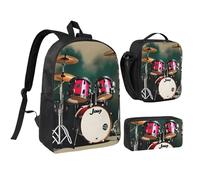 DUWAA Jazz drum print Backpack 3pcs Set Including 17 Inch Large BookBag With Lunch Bag And Practical Pen Bag, Black, One Size