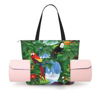DUWAA Macaw and Toucan Perching of American Rainforests Print Large Work Tote Bag with Yoga Mat Holder, Large Size Pocket Everyday Bag for Yoga Gym