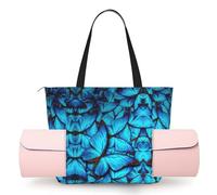 DUWAA Many Blue Butterfly Print Large Work Tote Bag with Yoga Mat Holder, Large Size Pocket Everyday Bag for Yoga Gym