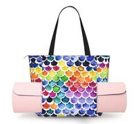 DUWAA Mermaid Fish Scale Print Large Work Tote Bag with Yoga Mat Holder, Large Size Pocket Everyday Bag for Yoga Gym
