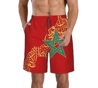 DUWAA Morocco Flag Culture Print Quick Dry Shorts for Men, Lightweight Summer Beach Shorts with Pockets, Elastic Waistband White
