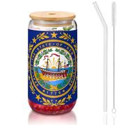 DUWAA New Hampshire State Flag Drinking Glasses With Bamboo Lids And Glass Straw-16oz Can Shaped Glass Cups,Beer Glasses