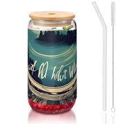 DUWAA Not All Who Wander Are Lost 1 Drinking Glasses With Bamboo Lids And Glass Straw-16oz Can Shaped Glass Cups,Beer Glasses