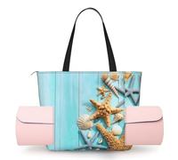 DUWAA Ocean Sea Seashell Starfish Print Large Work Tote Bag with Yoga Mat Holder, Large Size Pocket Everyday Bag for Yoga Gym