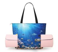 DUWAA Ocean Tropical Fish Turtle Shark Print Large Work Tote Bag with Yoga Mat Holder, Large Size Pocket Everyday Bag for Yoga Gym