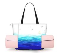 DUWAA Ocean Waves Sailboat with Birds Maritime Print Large Work Tote Bag with Yoga Mat Holder, Large Size Pocket Everyday Bag for Yoga Gym