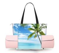 DUWAA Palm Tree Over Blue Sea Ocean Seascape Print Large Work Tote Bag with Yoga Mat Holder, Large Size Pocket Everyday Bag for Yoga Gym