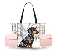 DUWAA Parisian Dachshund Print Large Work Tote Bag with Yoga Mat Holder, Large Size Pocket Everyday Bag for Yoga Gym