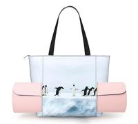 DUWAA Penguins On The Iceberg Print Large Work Tote Bag with Yoga Mat Holder, Large Size Pocket Everyday Bag for Yoga Gym