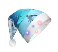 DUWAA Penguins On The Iceberg Print Led Plush Santa Hat, Funny Christmas Hats For Adults Xmas New Year Party Accessories