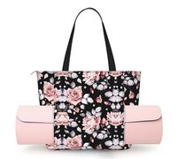 DUWAA Pink Flower Print Large Work Tote Bag with Yoga Mat Holder, Large Size Pocket Everyday Bag for Yoga Gym