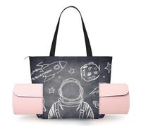 DUWAA Planets and Astronaut Galaxy Print Large Work Tote Bag with Yoga Mat Holder, Large Size Pocket Everyday Bag for Yoga Gym