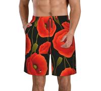DUWAA Poppy Flowers Print Men's Casual Short, Lightweight Summer Beach Shorts, Quick Dry Workout Athletic Shorts White