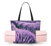 DUWAA Purple Lavender Print Large Work Tote Bag with Yoga Mat Holder, Large Size Pocket Everyday Bag for Yoga Gym
