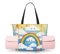 DUWAA Rainbow Clouds Raindrop Print Large Work Tote Bag with Yoga Mat Holder, Large Size Pocket Everyday Bag for Yoga Gym