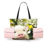 DUWAA Rape Flower Pig Print Large Work Tote Bag with Yoga Mat Holder, Large Size Pocket Everyday Bag for Yoga Gym
