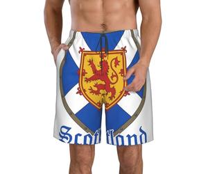 DUWAA Scotland Shield with Lion Print Quick Dry Shorts for Men, Lightweight Summer Beach Shorts with Pockets, Elastic Waistband White