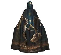 DUWAA Skeleton Dancing print Hooded Robe Halloween Cosplay Costume Robe Cloak Cape Wizard Raven Cosplay Costume