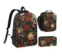 DUWAA Skull and Red Rose print Backpack Set Casual Shoulder Bag Lunch Bag Pen Pouch 3 in 1 Set 17inch for Women Men College, Black, One Size