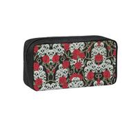 DUWAA Skull and Red Rose Print Large Capacity Pencil Case Pencil Pouch with Zipper Portable Pen Case for Office Travel Makeup