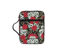 DUWAA Skull and Red Rose Print Multi Functional Bible Bag Cosmetic Bags with Handle Waterproof Pencil Case with Compartments