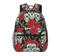DUWAA Skull And Red Rose Print Rucksack Bag For Men Women High-Capacity Vacuum Backpack Multi-Layer Design Travel Backpack