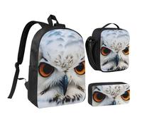 DUWAA Snowy Owl Eyes print Backpack 3pcs Set Including 17 Inch Large BookBag With Lunch Bag And Practical Pen Bag, Black, One Size, Black, One Size