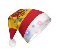 DUWAA Spanish Flag Print Light Up Christmas Hat With 3 Blinking Color, Adults Led Soft Faux Santa Cap For Party