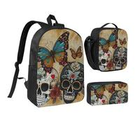 DUWAA sugar skulls butterfly print Backpack 3pcs Set Including 17 Inch Large BookBag With Lunch Bag And Practical Pen Bag, Black, One Size, Black, One Size