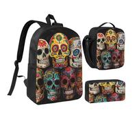 DUWAA sugar skulls print Backpack Set Casual Shoulder Bag Lunch Bag Pen Pouch 3 in 1 Set 17inch for Women Men College, Black, One Size