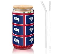 DUWAA Wyoming State Flag Drinking Glasses With Bamboo Lids And Glass Straw-16oz Can Shaped Glass Cups,Beer Glasses