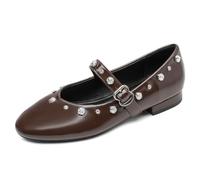 DUWEIDU Women's Flat Shoes Comfortable Leather Round Toe Mary Jane Shoes Memory Foam Insole Slip on Comfortable Dressy, Brown, 7 UK