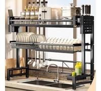 duwiikab Over The Sink Dish Drying Rack, 2 Tier Dish Drying Rack Adjustable, Kitchen Drainer Rack with Utensil Sponge Holder Caddy, Kitchen Counter Storage Shelf Supplies for Plates Bowls Pots Dual