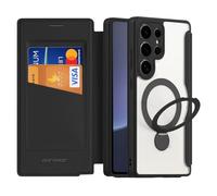 DUX DUCIS for Samsung Galaxy S25 Ultra Case with MagSafe, 360°Spin Magnetic Kickstand, Premium PU Leather Wallet Case Flip with RFID Blocking Clear Shockproof Phone Cases Cover (Black)