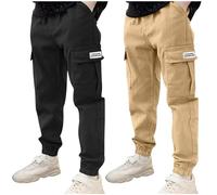 duxyoz 2 Pack Boys Cargo Trousers Kids Sweatpants with Multi Pockets Elastic Waist Sports Pants Durable Casual Cotton Trousers Solid Color Classic Streetwear Tapered Leg Running Joggers 3-4 Years