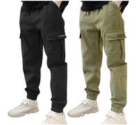 duxyoz 2 Pack Boys Cargo Trousers Kids Sweatpants with Multi Pockets Elastic Waist Sports Pants Durable Casual Cotton Trousers Solid Color Classic Streetwear Tapered Leg Running Joggers 9-10 Years