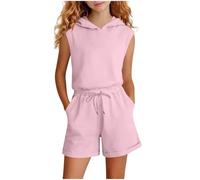 duxyoz 2 Piece Summer Outfits for Girls Hooded Pullover T Shirts and Elastic Waist Loose Shorts Clothing Sets Stretchy Breathable Comfy Two Piece Outfit for Kids with Pockets 3-14 Years