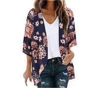 duxyoz 3/4 Sleeve Cardigans For Women Chiffon Floral Print Puff Sleeve Kimono Cardigan Loose Beach Cover Up Casual Blouse Tops Elegant Casual Open Front Lightweight Cardigan 01 Navy XXL