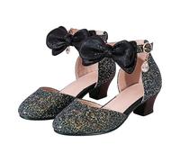 duxyoz Black Flower Girls Sandals Princess Mary Jane Pump Shoes Low Heel Bow Sparkly Sequins Sandals Closed Toe Ankle Strap Wedding Party Dress Shoes for Toddler Little Big Kid UK Size 2