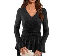 duxyoz Black Sparkly Tops for Women UK - Ruffle,Long Sleeve,V Neck,Fitted,Dressy Sparkly Peplum Tops,Elegant Evening Cocktail Flowy Party Blouse Shiny Tunic Dress Shirts M