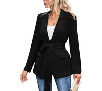 duxyoz Blazers For Women Uk Casual Lace Up Suit Jacket V Neck Wedding Guest Blazer Suit Long Sleeve Belted Work Office Fall Winter Coat Solid Color Lapel Elegant Formal Jacket Top Black 3XL