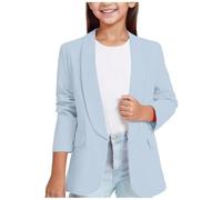 duxyoz Blue Girls' Blazers Suit Open Front Cardigan 3/4 Ruched Long Sleeve Casual Jackets School Presentations Formal Coats Outfits Kids Outerwear Shawl Formal Suit Jacket With Pockets 13-14 Years