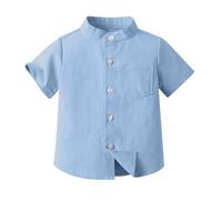 duxyoz Boys Button Down Shirt Kids Casual Short Sleeve Top Stand Collar Summer Blouse Basic Solid School Shirts Fashion Classic Uniforms Shirts Plain Vintage Dress Shirt with Pockets 6-7 Years