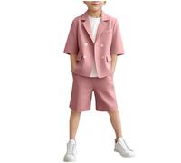 duxyoz Boys Formal Suit 2 Piece Summer Outfit Loose Fit Beach Wedding Tuxedo Suit Baggy Blazer Jacket Shorts Pants Set Plain Solid Color Classic School Uniform Streetwear For Kids 6-7 Years