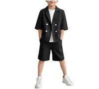 duxyoz Boys Formal Suit 2 Piece Summer Outfit Loose Fit Beach Wedding Tuxedo Suit Baggy Blazer Jacket Shorts Pants Set Plain Solid Color Classic School Uniform Streetwear For Kids 10-11 Years