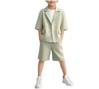 duxyoz Boys Formal Suit 2 Piece Summer Outfit Loose Fit Beach Wedding Tuxedo Suit Baggy Blazer Jacket Shorts Pants Set Plain Solid Color Classic School Uniform Streetwear For Kids 8-9 Years