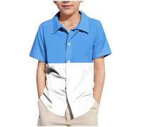 duxyoz Boys' Short Sleeve Dress Shirts Color Block Casual Button Down Shirt Lapel Collar Summer Blouse Lightweight Breathable Soft Comfy Loose Tops Beach Hawaiian Shirts School Uniform 5-15 Years