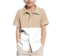 duxyoz Boys' Short Sleeve Dress Shirts Color Block Casual Button Down Shirt Lapel Collar Summer Blouse Lightweight Breathable Soft Comfy Loose Tops Beach Hawaiian Shirts School Uniform 5-15 Years